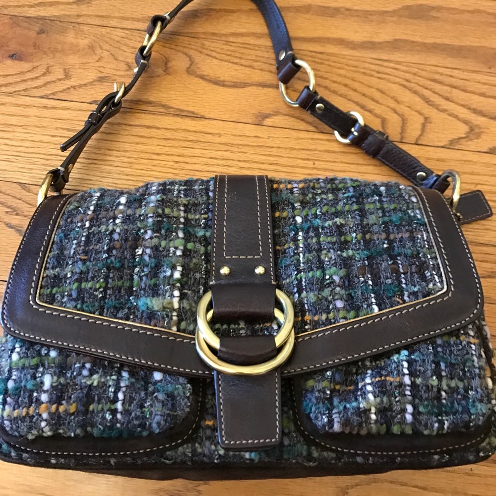 Coach green plaid fabric and leather shoulder bag