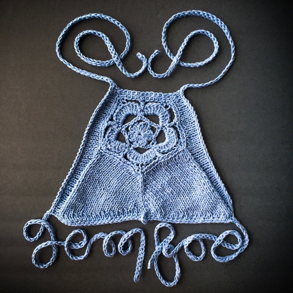 HPx3! Denim Blue High Neck Crochet Crop Top Lined - Picture 3 of 8