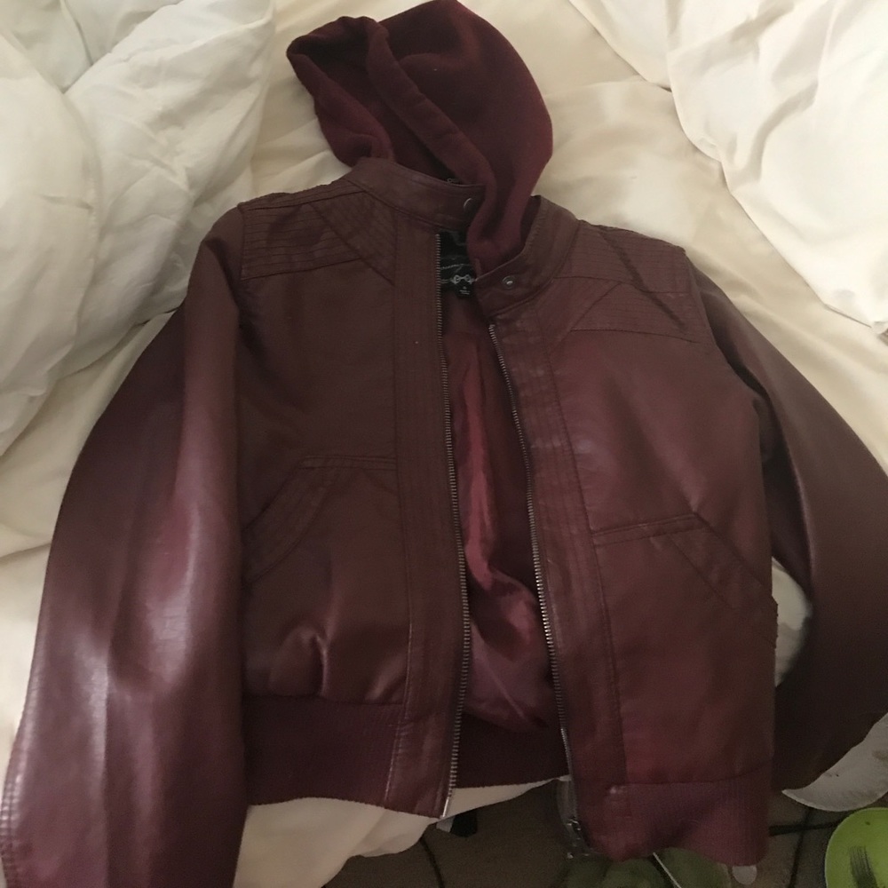 Maroon leather jacket with sweatshirt hood