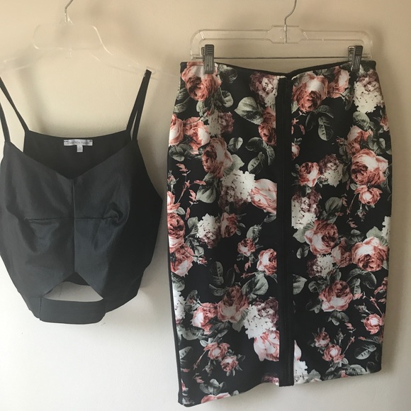 Faux leather Crop Top with Floral Pencil Skirt set - Picture 1 of 2