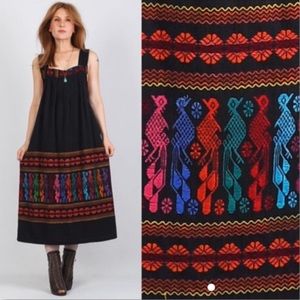 Vintage Mexican Black Embroidered Dress W Peacocks