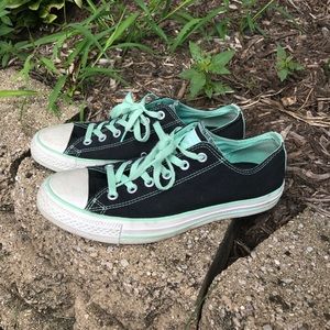 Teal and black low top converse worn twice