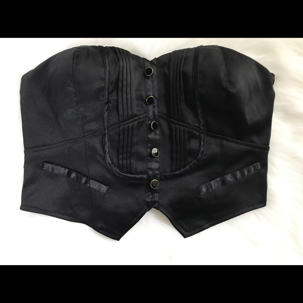 Satin Black Faux Corset Crop Top - Medium