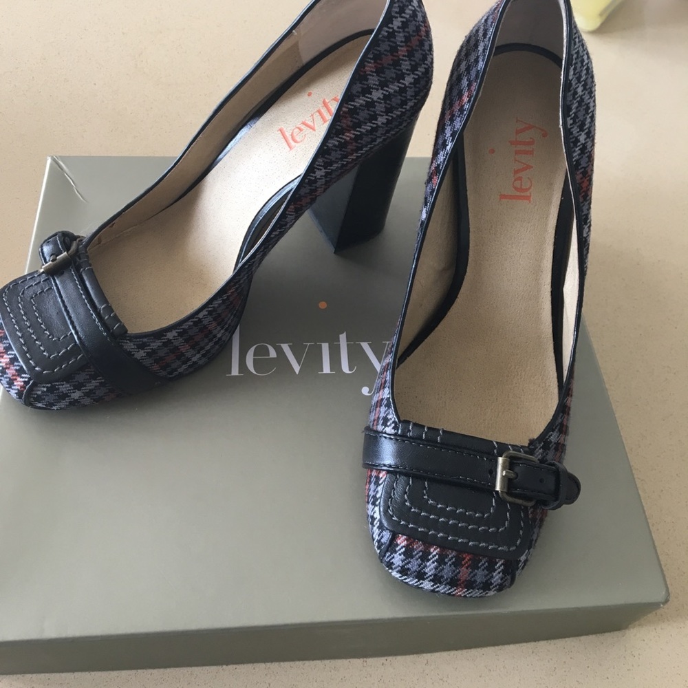 Levity heels black and red plaid
