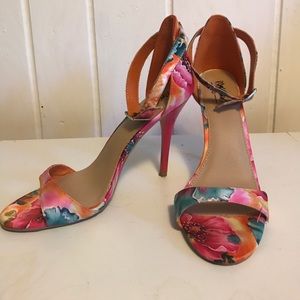 Floral toe and ankle strap heels
