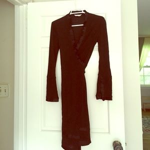 Authentic DVF Black Wrap Dress with Fringe Detai