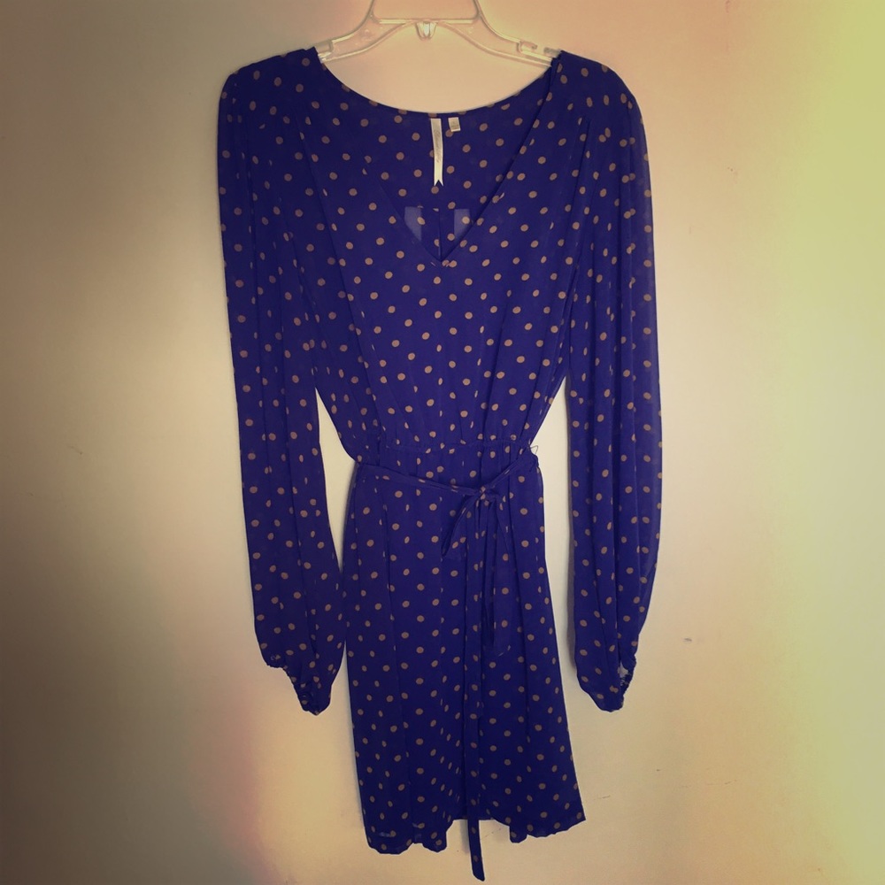Polka dot blue with camel dress or shirt.