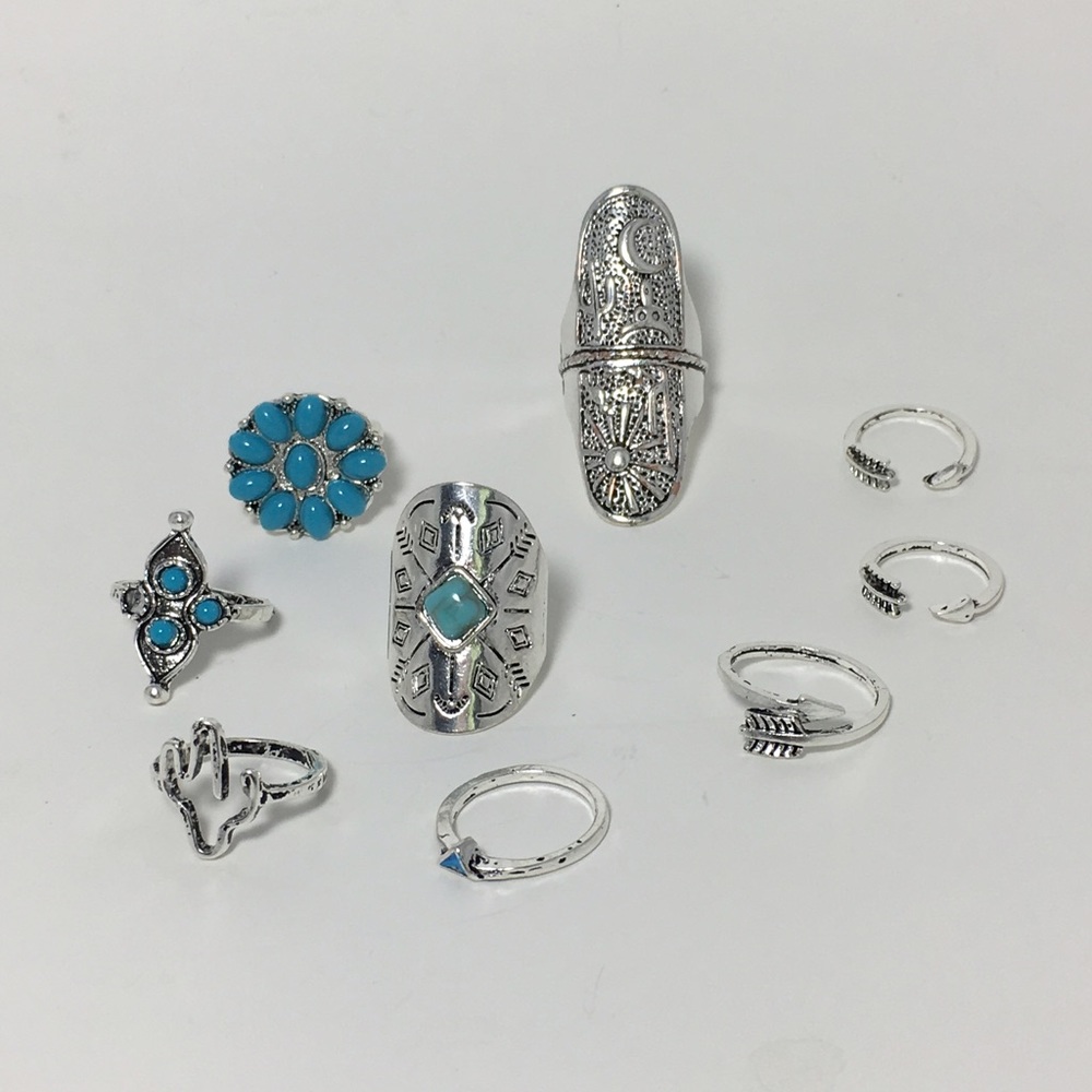 9-pc silver midi ring set Southwest turquoise