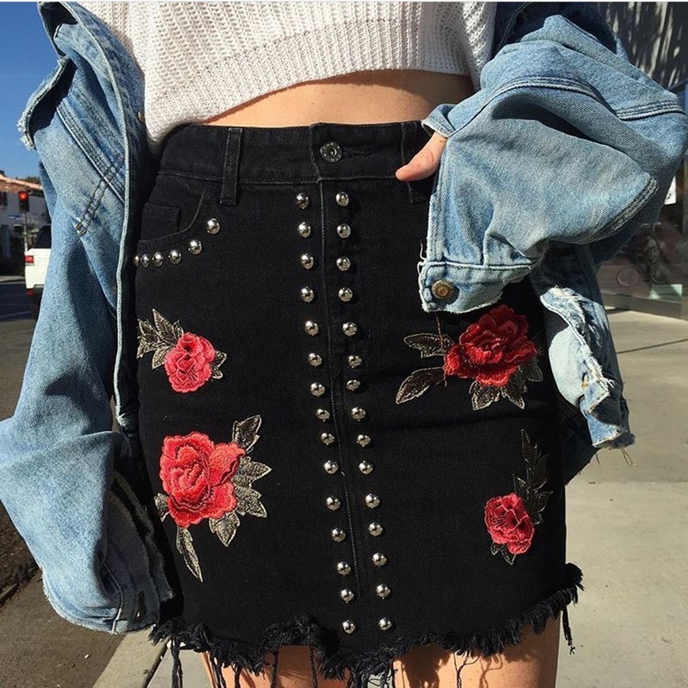 LF Carmar Rose Embroidered Studded Distress Skirt