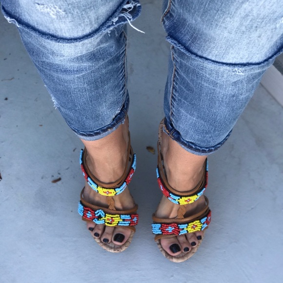 Beaded Boho Backless Cork Wedge Sandal - Picture 2 of 7