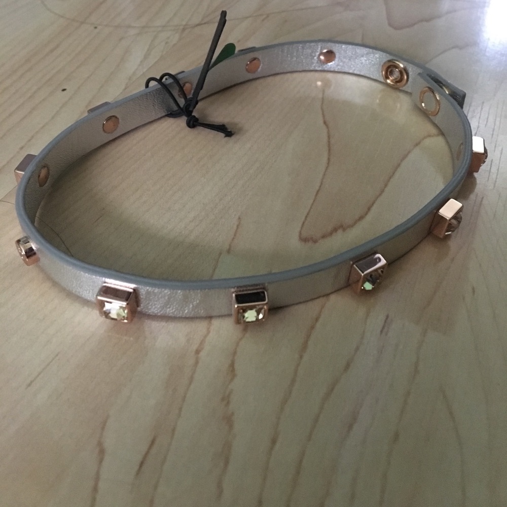 Gray leather choker with diamonds