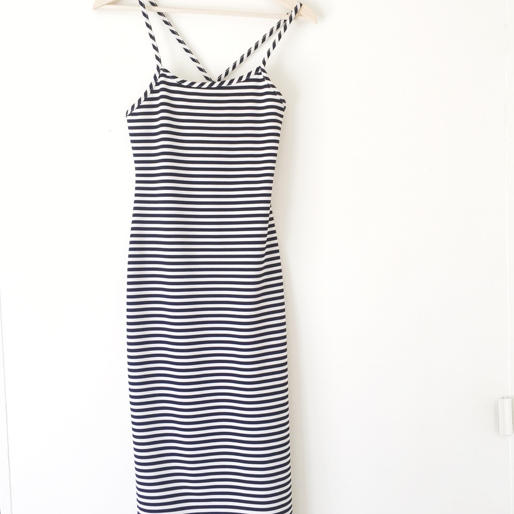 White and black pinstripe spaghetti strap dress