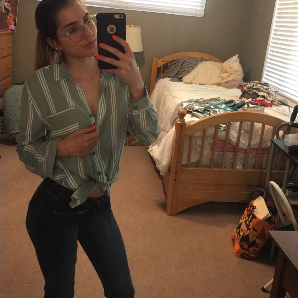 Green and white striped button up!