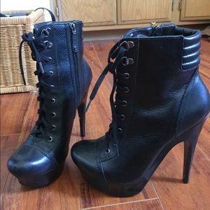 BCBG sexy leather tie up boogie heels