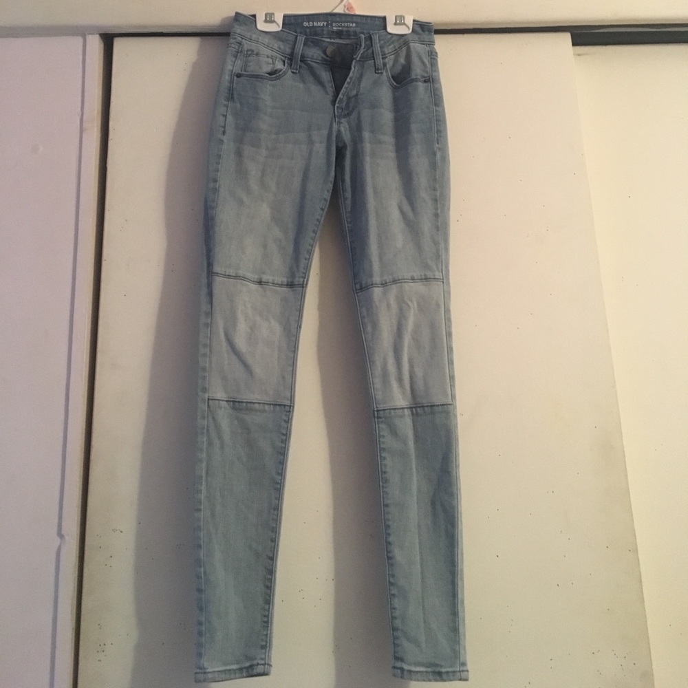 Patch knee jeans.