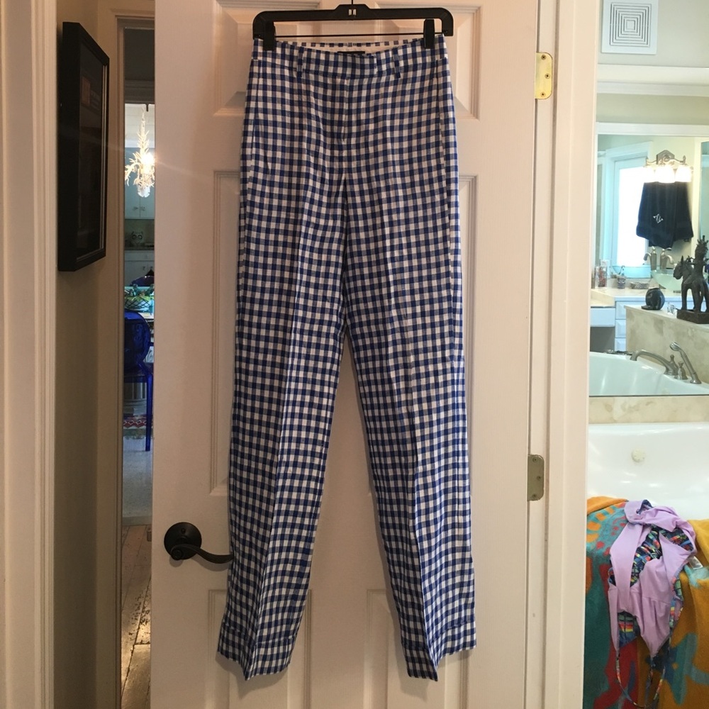 J Crew linen gingham pants blue and white, size 00