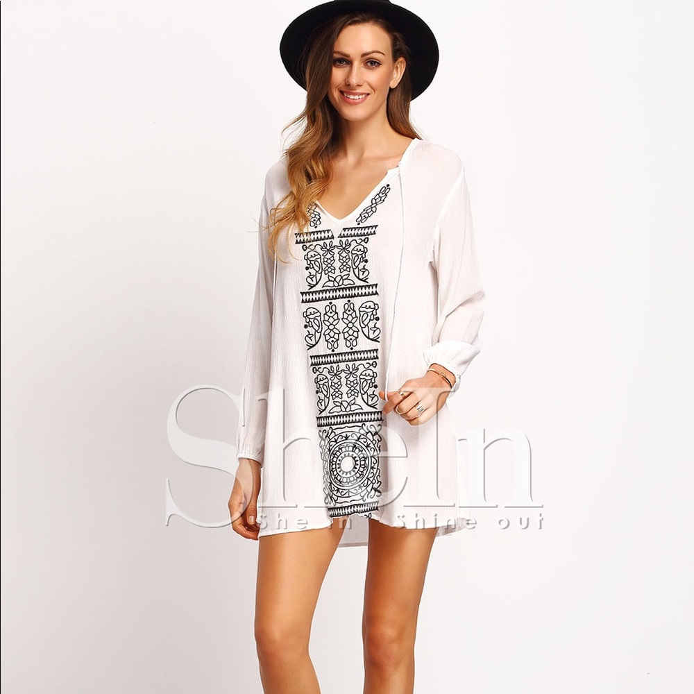 Beige Lace Up Neck Tribal Print Dress