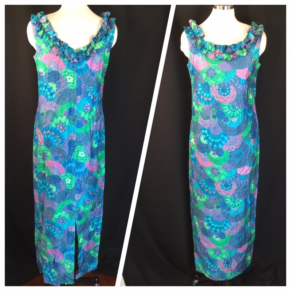 SOLD Vtg Groovy Polypop Aloha Ruffle Collar Maxi M