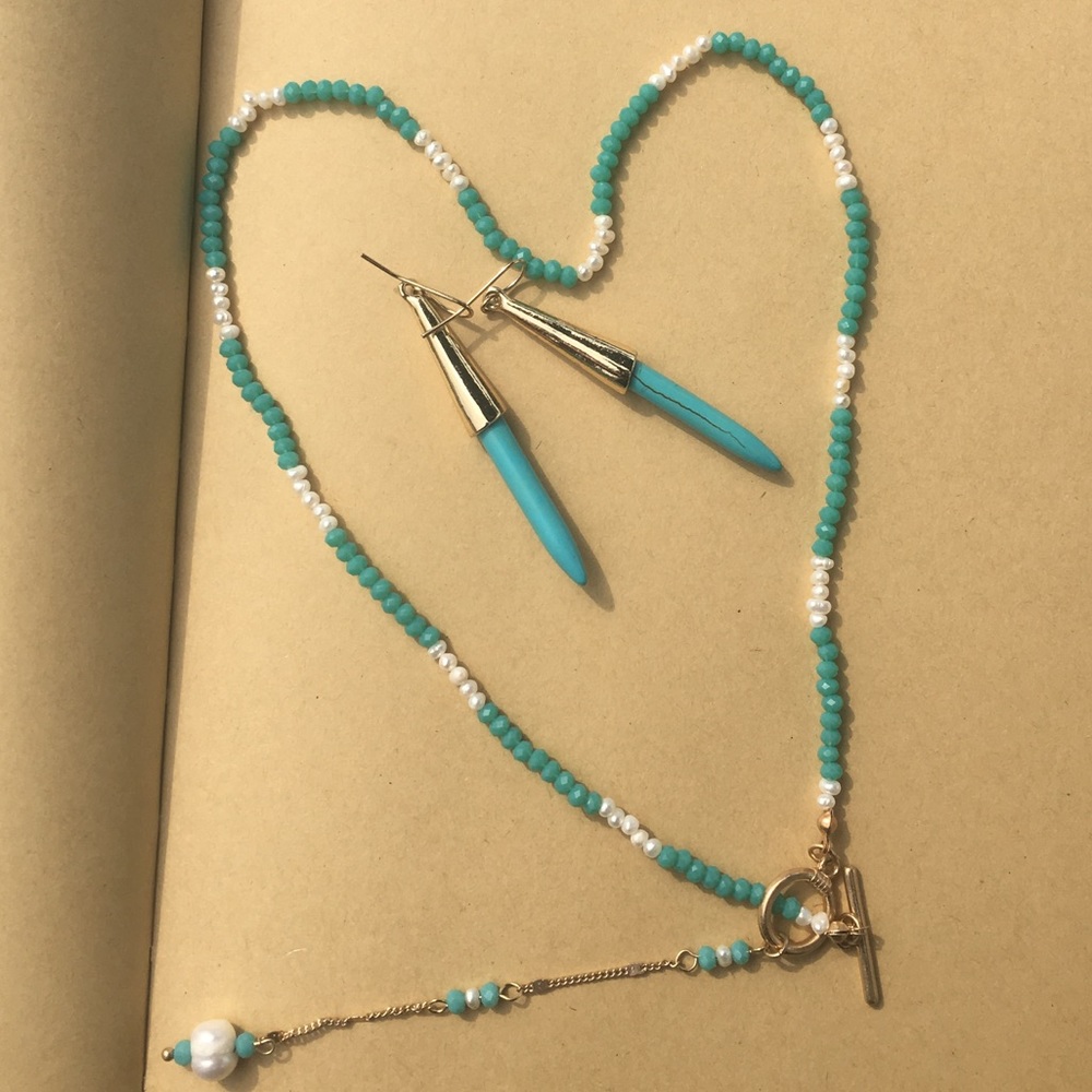 🆕Lariat Freshwater Pearl Blue Beading Goldtone - Picture 3 of 3