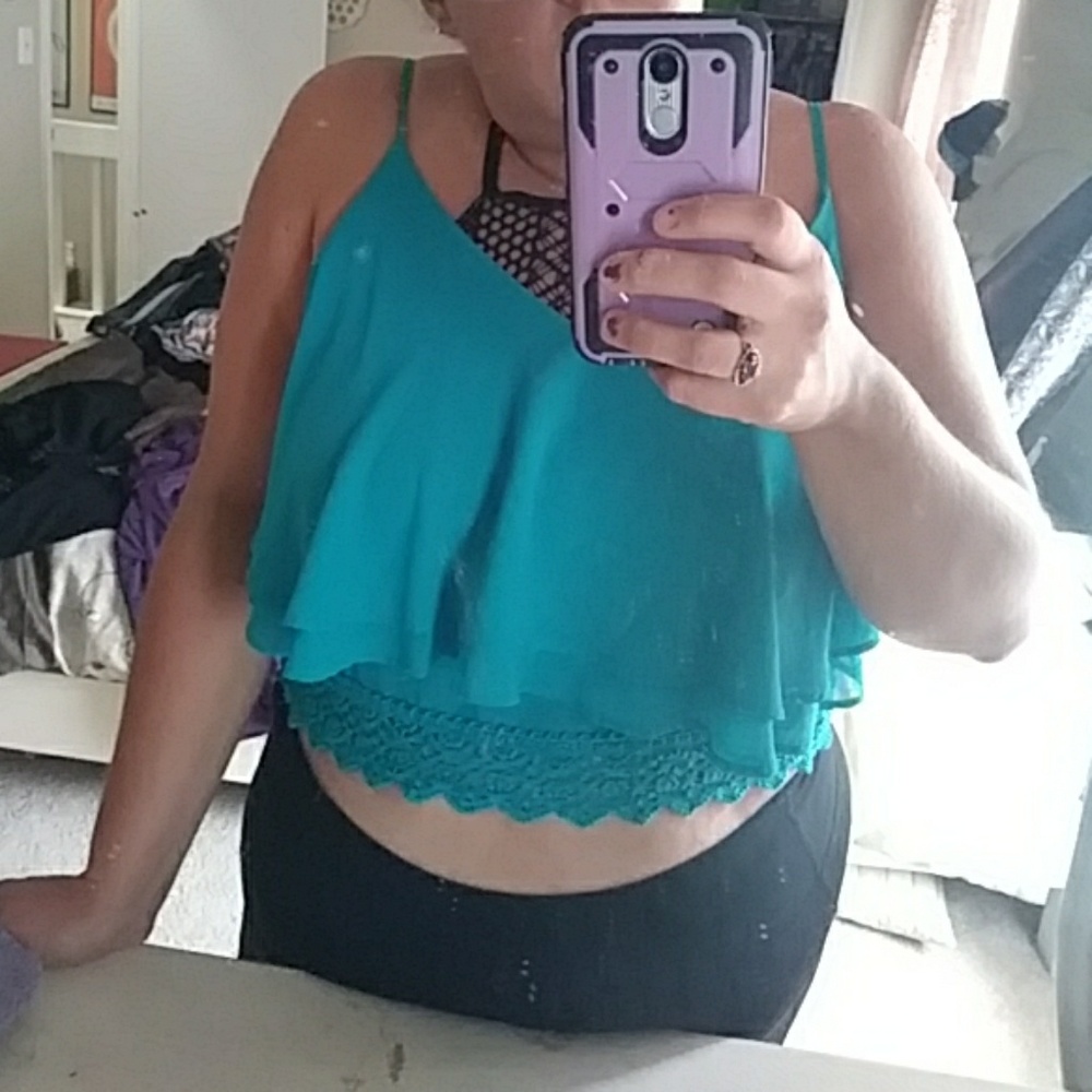 Aqua crop top with lace