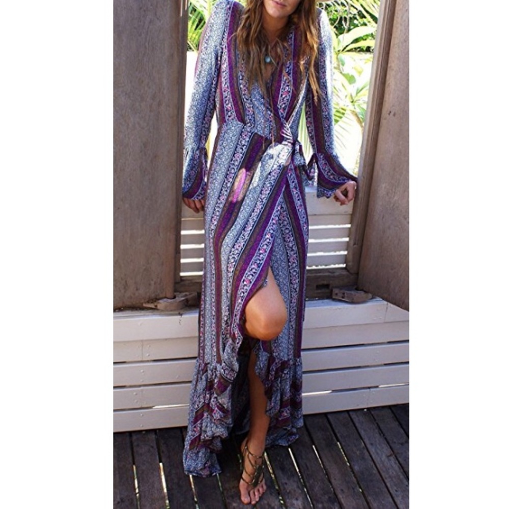 Purple gypsy wrap around bohemian maxi dress new - Picture 2 of 5