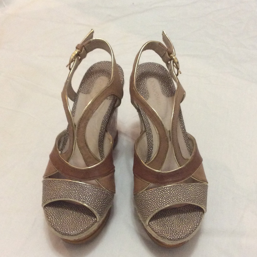 Joan and David tan leather wedges