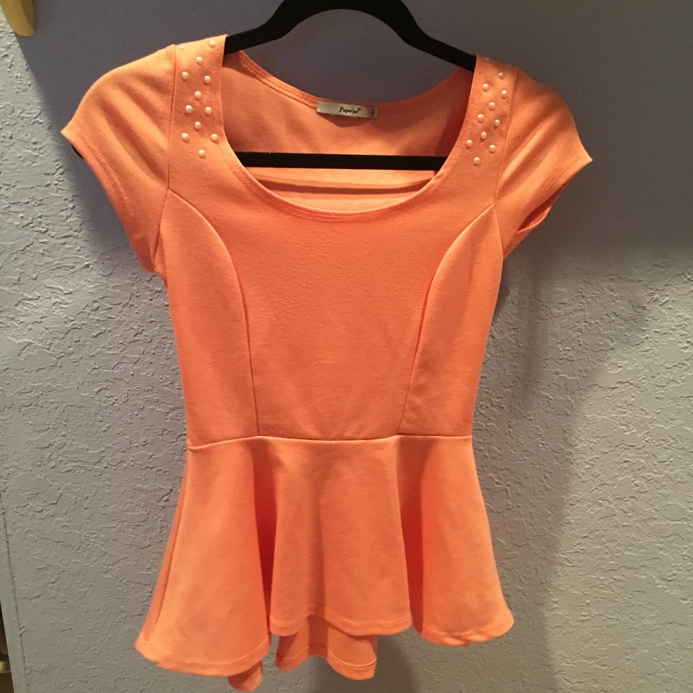 Salmon pearl peplum shirt