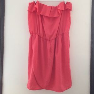 Coral faux wrap strapless dress GAP