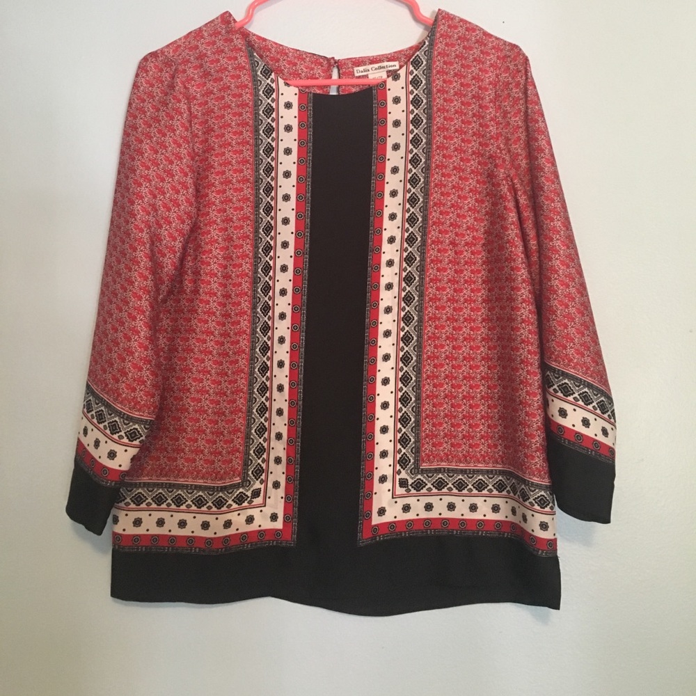 Red, white and black blouse