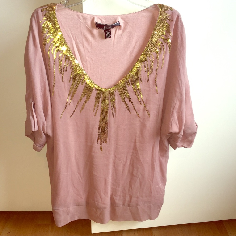Ya-da 100% Silk Dusty Rose and Gold Sequin Blouse