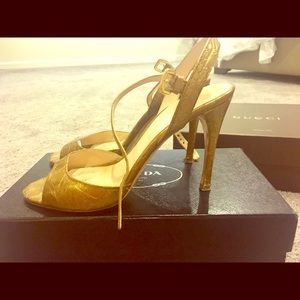 Gold Prada Heels with Ankle Straps