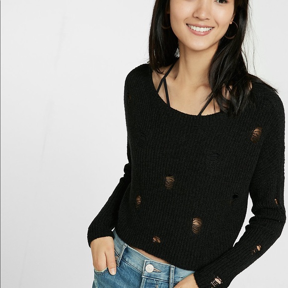 New Black Destroyed Knit Sweater - Picture 2 of 6