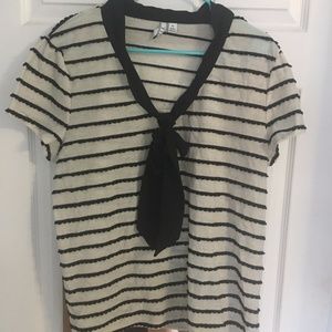 Elle Black and White Striped Shirt with Tie Neck