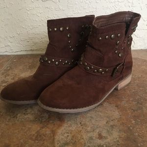 Brass buckle ankle boot