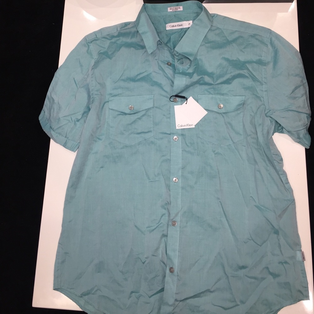 Calvin Klein: Teal/Green Short Sleeve Button Down