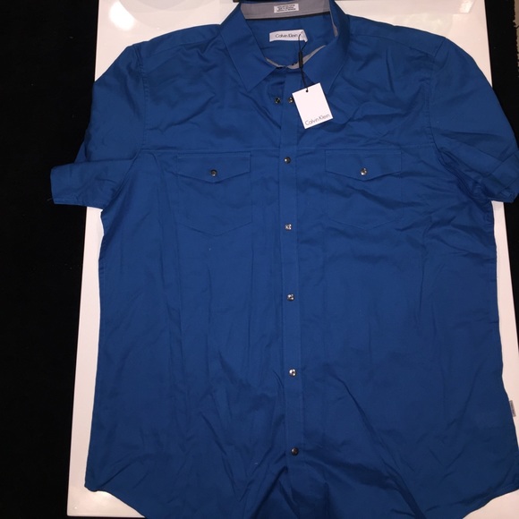 Calvin Klein: Turquoise Short Sleeve Button Down - Picture 1 of 5