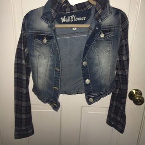Jean jacket with plaid sleeves