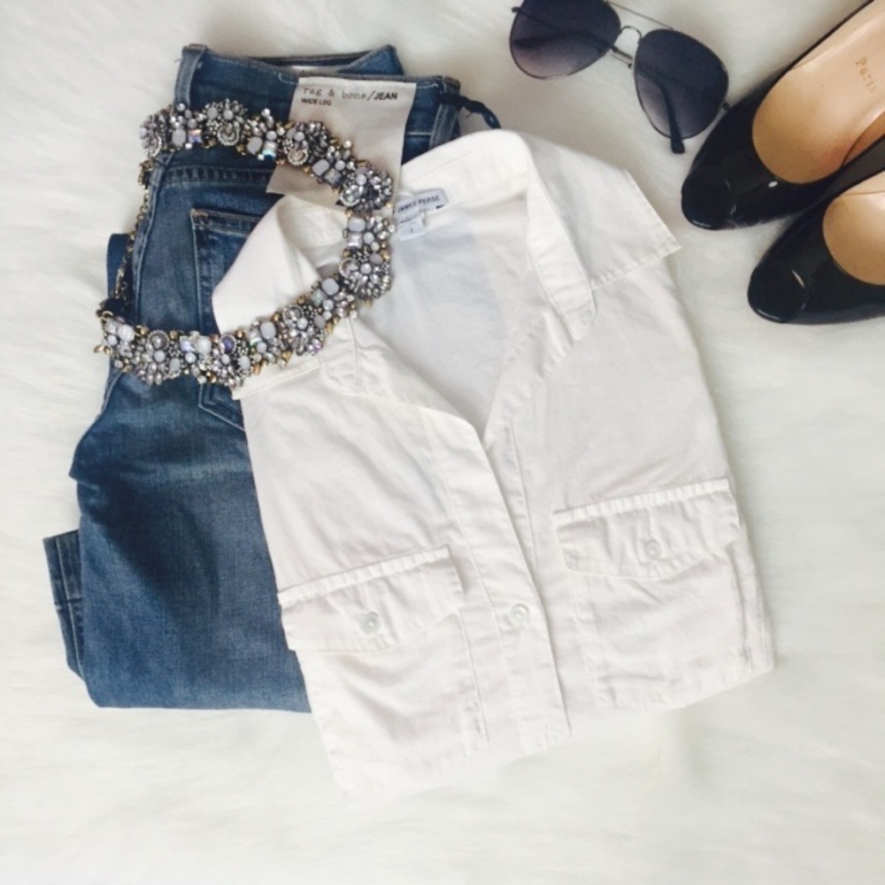 James Peres Contrast Panel Tab Sleeve Blouse