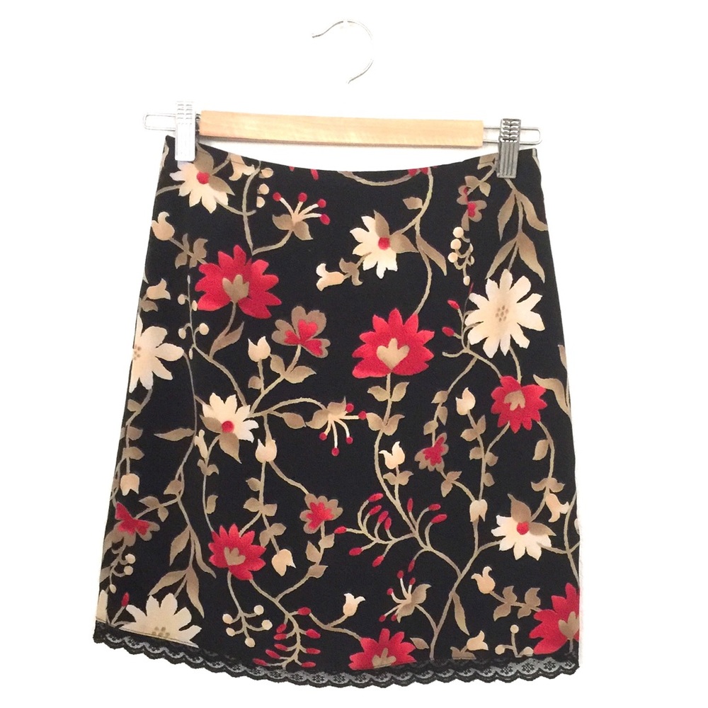 Floral red, black pencil skirt
