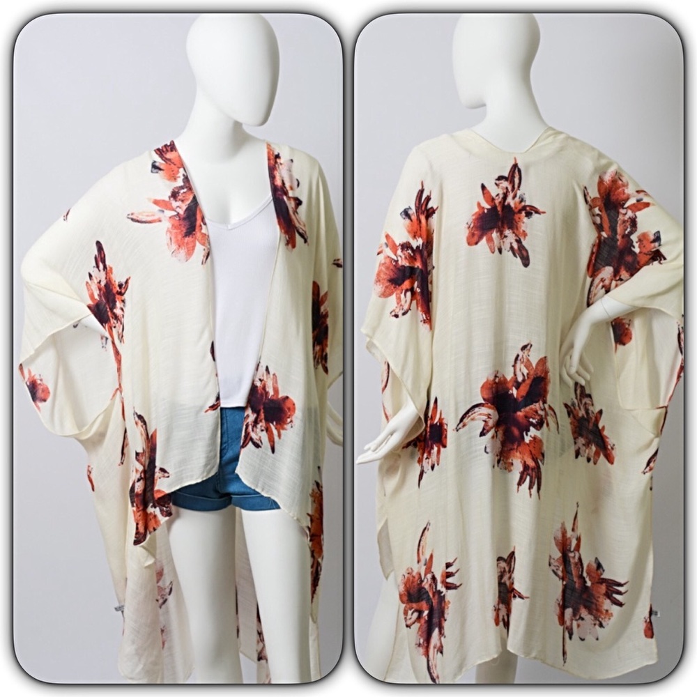 One Size Ivory Floral Swim Coverup Kimono - Picture 7 of 7