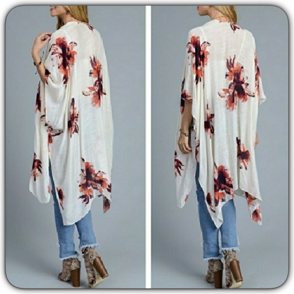 One Size Ivory Floral Swim Coverup Kimono - Picture 6 of 7