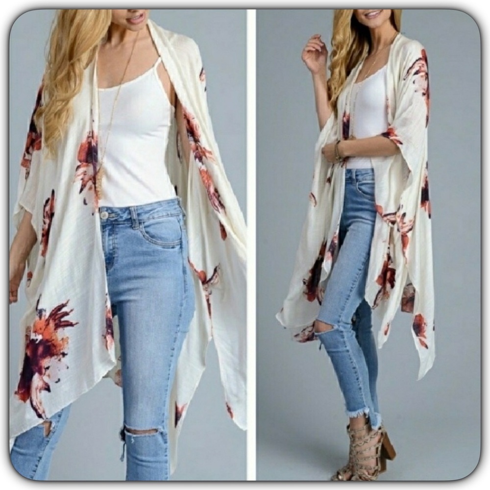 One Size Ivory Floral Swim Coverup Kimono - Picture 3 of 7