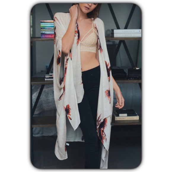 One Size Ivory Floral Swim Coverup Kimono - Picture 2 of 7