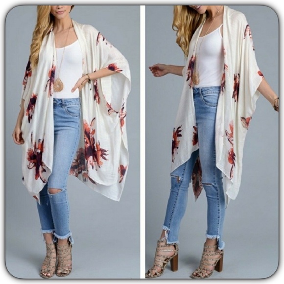 One Size Ivory Floral Swim Coverup Kimono - Picture 4 of 7