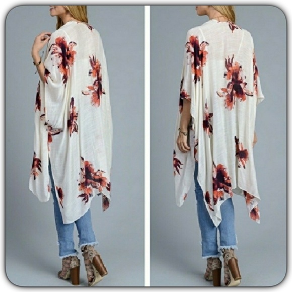 One Size Ivory Floral Swim Coverup Kimono - Picture 6 of 7
