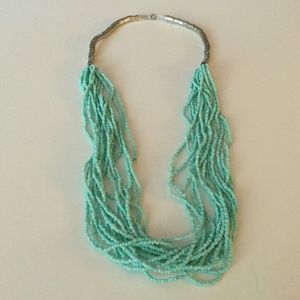 Aqua seed bead layered necklace, silver