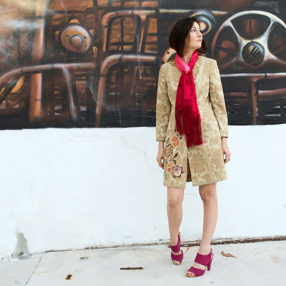 Vintage Gold Brocade Coat with Floral Embroidery