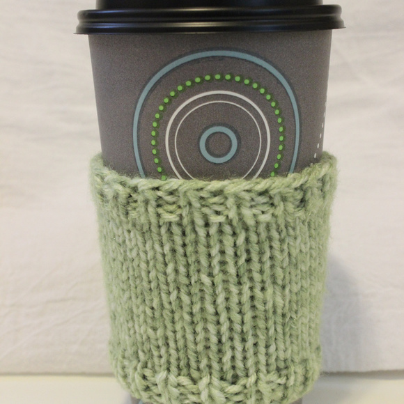 Hand-Knit Heathered Light Green Coffee Cup Cozy - Picture 2 of 3
