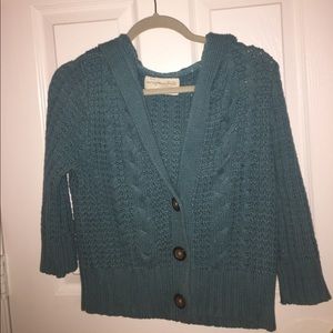 Blue 3/4 sleeve hooded sweater knotted