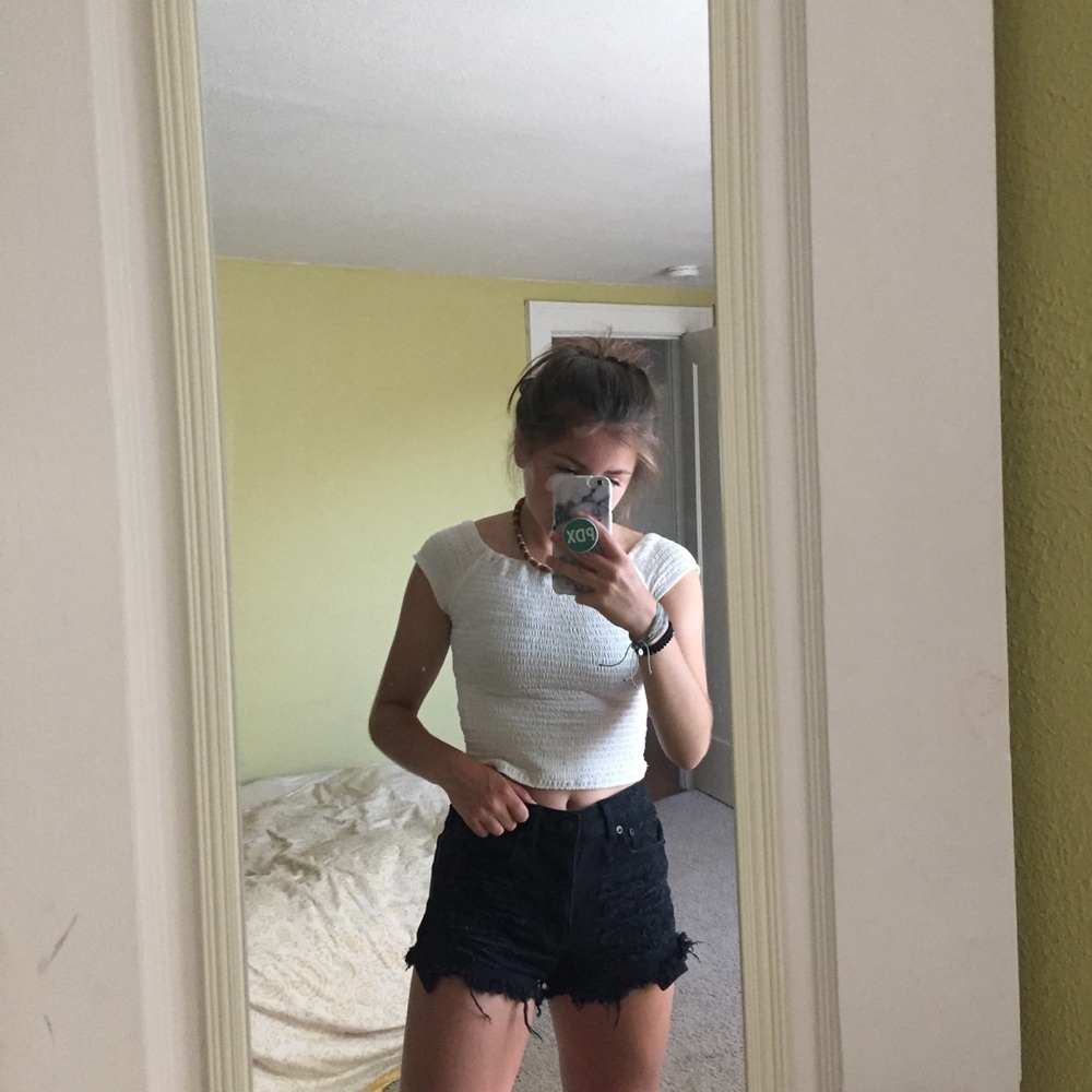 American Eagle high rise black distressed shorts